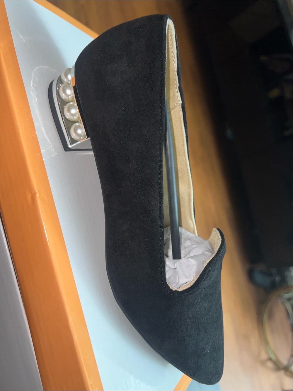 Black Suede Pearl Heel Pointed-Toe Loafers